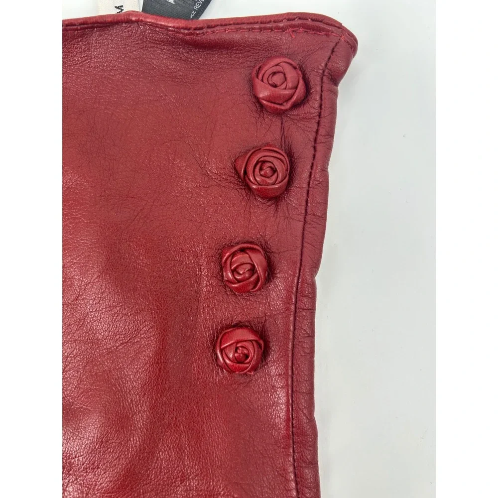 Max Studio Womens Red Genuine Leather Rosette Floral Accent Gloves Size L